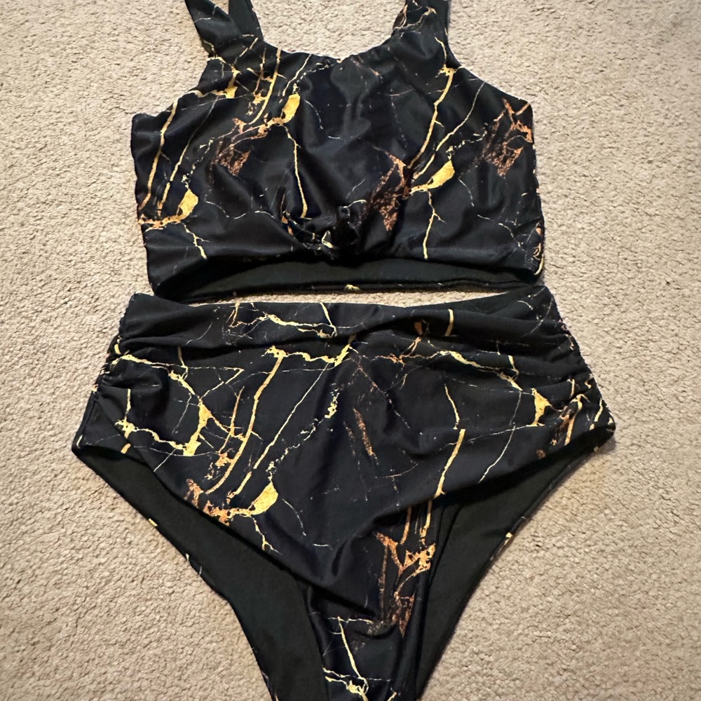 Black and Gold Marble Print Bikini Set